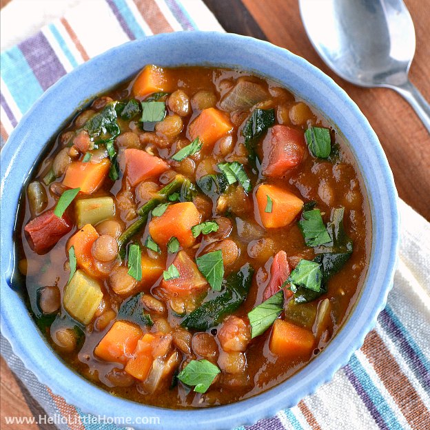 A bowl of vegan lentil soup.