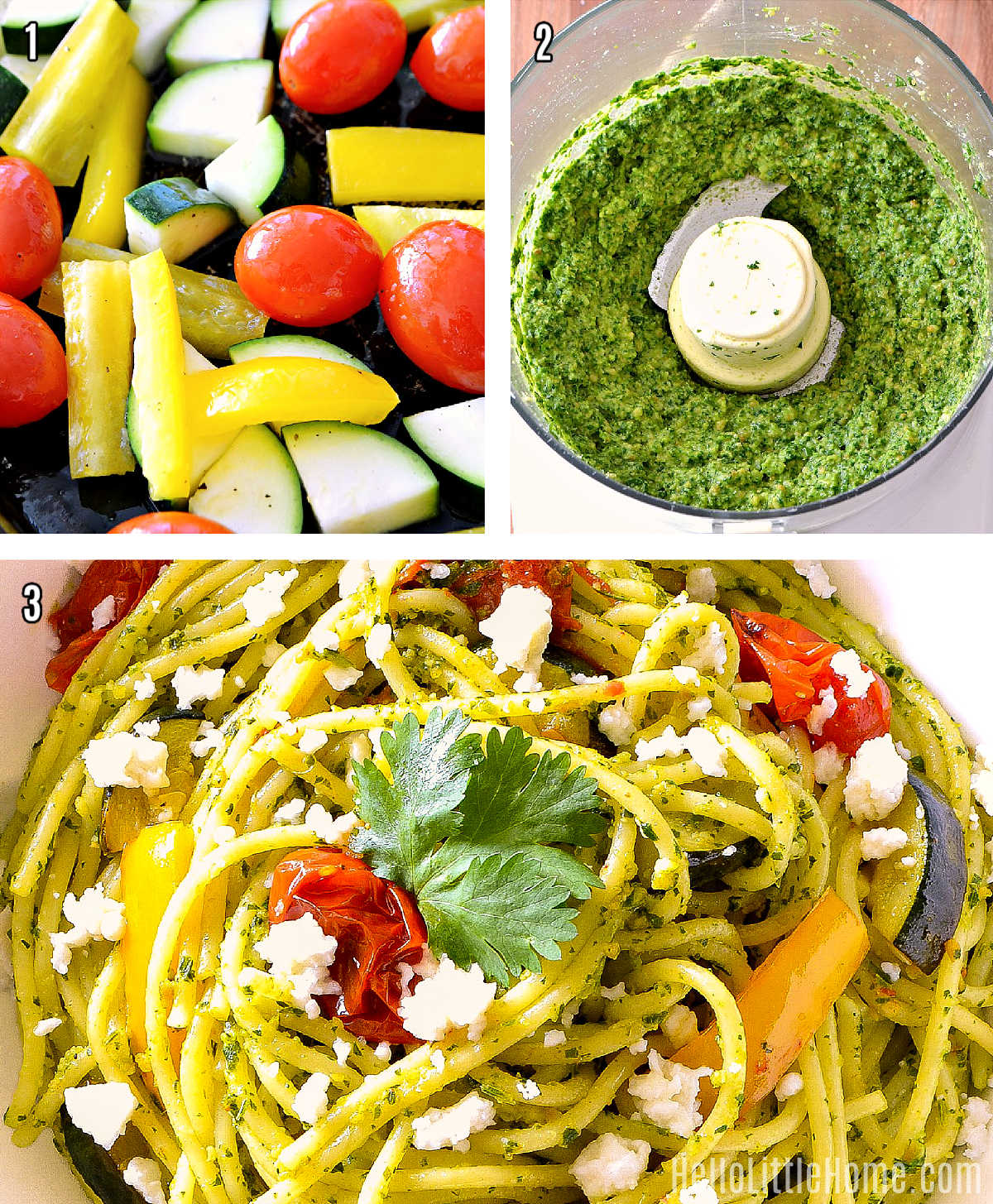 A photo collage showing how to make Cilantro Pesto Pasta step by step.