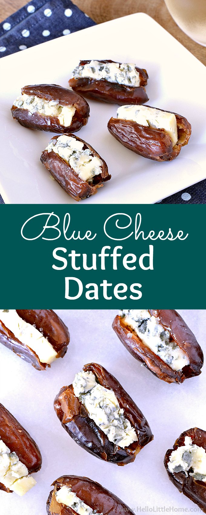 Blue Cheese Stuffed Dates Recipe! These savory vegetarian stuffed dates are an awesome party appetizer idea with only two ingredients: medjool dates and blue cheese. Learn how to make this sweet and salty stuffed dates recipe with gorgonzola or your favorite blue cheese. These gluten free blue cheese stuffed dates are a simple, easy to make finger food that everyone will love! | Hello Little Home