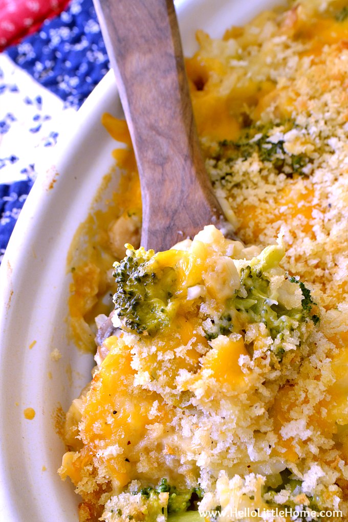 Creamy Broccoli, Rice, and Cheese Casserole with a Spoon for Serving