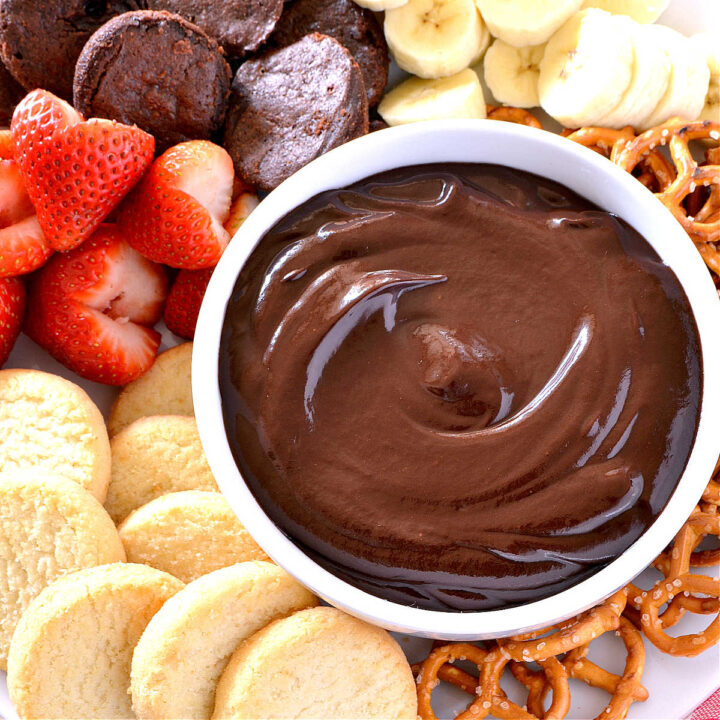 Chocolate Fondue surrounded by various dippers.