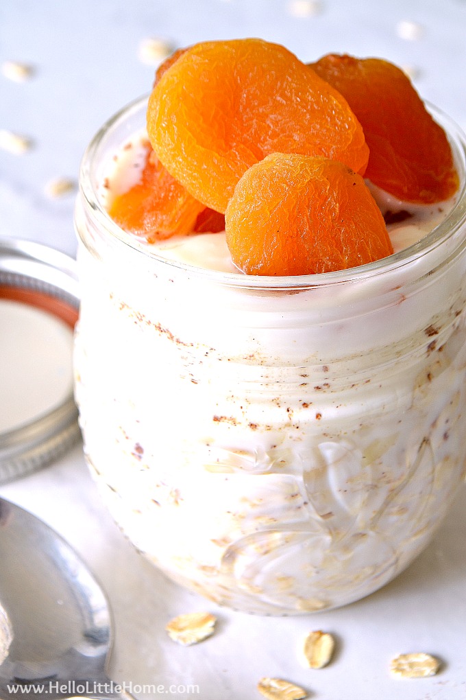 Easy overnight oats topped with yogurt and dried apricots.