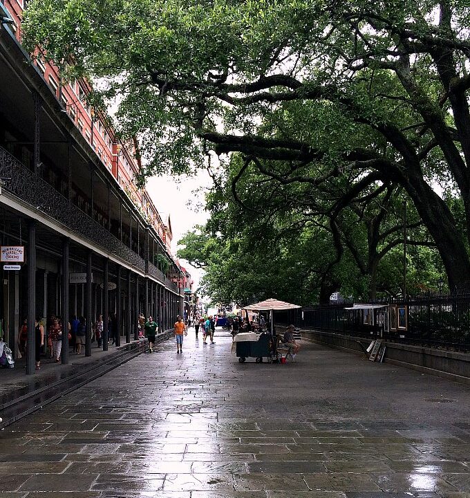 A rainy street in New Orleans in the French Quarter