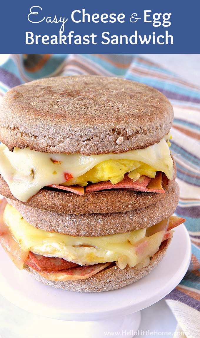 Easy Cheese and Egg Breakfast Sandwich recipe … the perfect healthy egg breakfast sandwich to start your mornings! This simple vegetarian egg sandwich is meatless and made with fried eggs or scrambled eggs, your fave cheese, and English Muffins (veggie bacon is optional). Make this homemade breakfast sandwich with no meat in minutes, then enjoy at home or on the go! | Hello Little Home #healthybreakfast #breakfastrecipes #breakfastsandwich #eggsandwich #vegetarianrecipes #breakfast #friedegg
