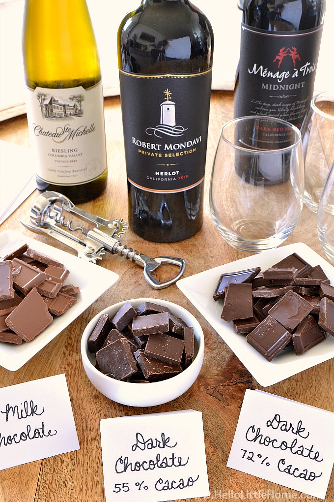Easy wine and chocolate pairing tips! Learn what wines and chocolates work together and how to host a wine and chocolate tasting party. This easy party idea is perfect for girls night, Valentine's Day, date night, or simply entertaining friends. Free printable wine and chocolate tasting cards make comparing your favorites easy! | Hello Little Home #winetasting #wine #chocolate #wineandchocolate #partyideas #partythemes #partytips #chocolatetasting #valentinesday #girlsnight