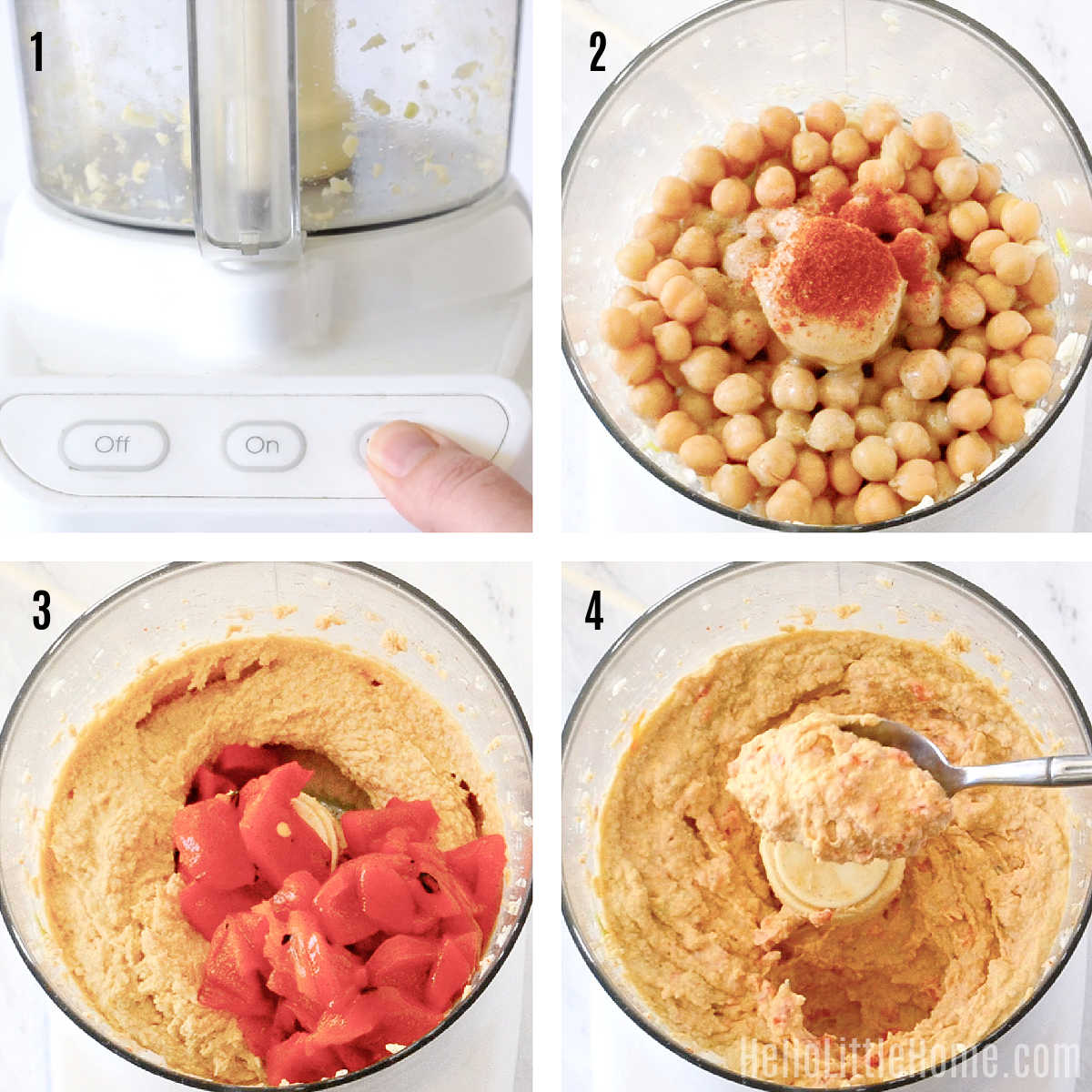A photo collage showing how to make Roasted Red Pepper Hummus step by step.