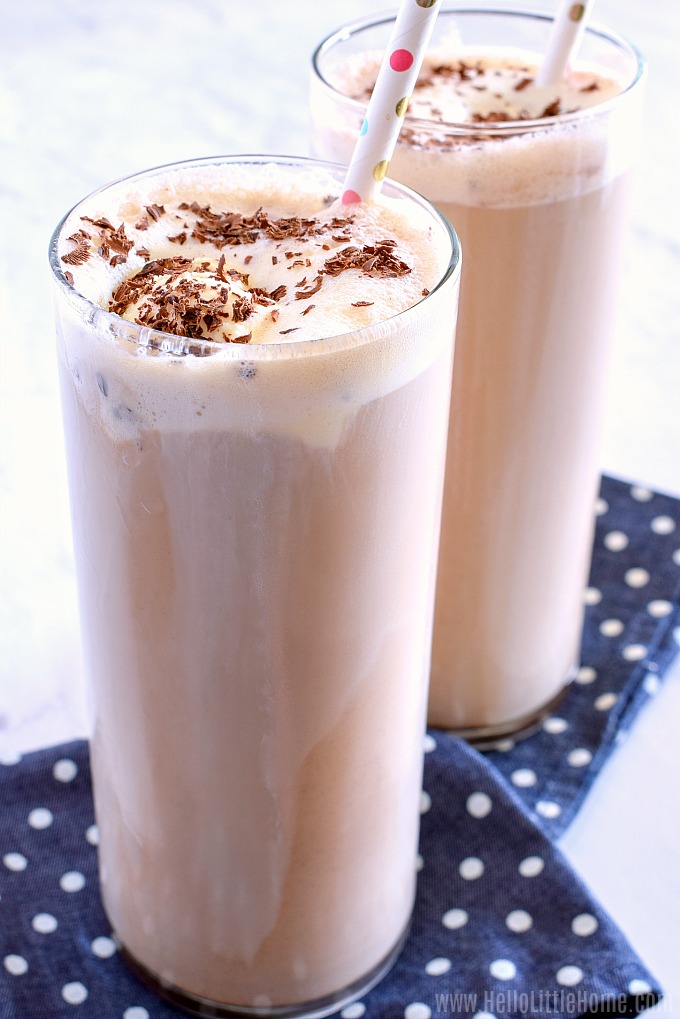 Glasses of Cold Coffee with Ice Cream, topped with Shaved Chocolate.
