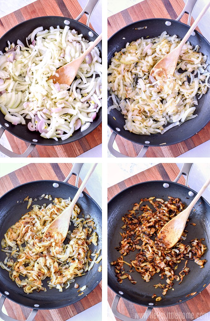 A photo collage showing how to caramelize onions.