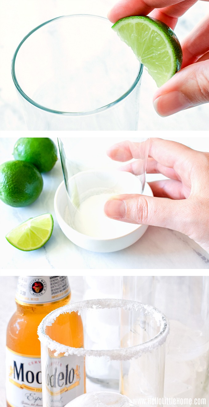 A photo collage showing how to rim a Chelada glass with salt.