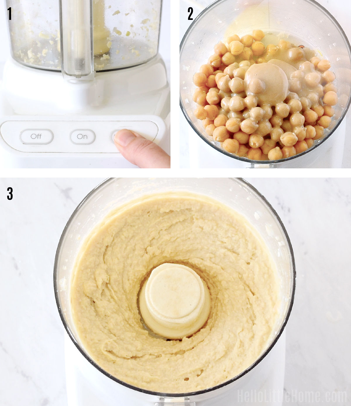 A photo collage showing how to make hummus step by step.