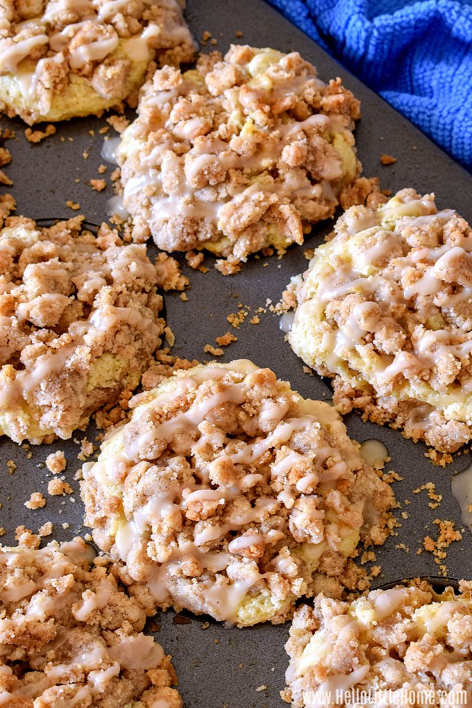 A pan of muffins with crumb topping.