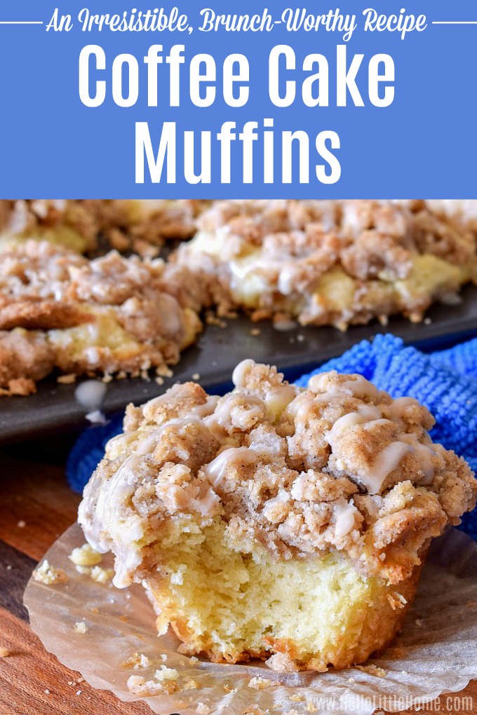 Treat yourself to these amazing Coffee Cake Muffins! This easy Coffee Cake Muffin recipe features a moist, tender sour cream base topped with a yummy Cinnamon Crumb Topping that’s so much better than streusel! Serve these New York Style Coffee Cake Muffins as a tasty morning treat for breakfast or brunch. These Crumb Cake Muffins are great for a crowd, too! | Hello Little Home #muffins #coffeecake #brunch #brunchrecipe #coffeecakemuffins #breakfast #breakfastrecipe #muffinrecipe