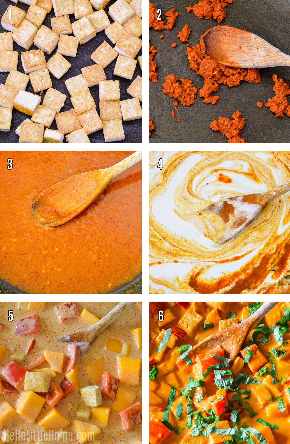 A photo collage showing how to make pumpkin curry step by step.