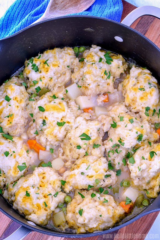 A pot of vegetarian Vegetable Stew with Cheddar Dumplings.