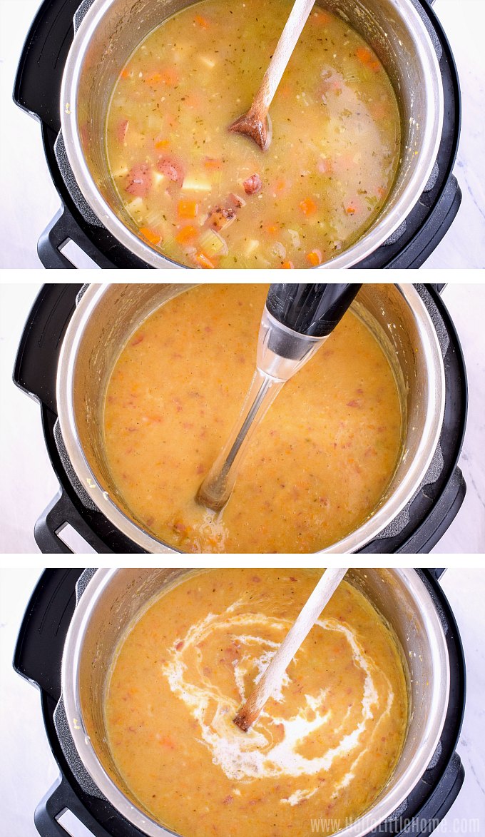 A photo collage showing the soup being pureed and having cream added to it.