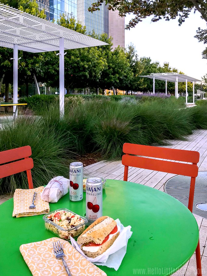 A picnic in Klyde Warren Park in Downtown Dallas with DASANI Sparkling, Orzo Pasta Salad, and a Caprese Sandwich.