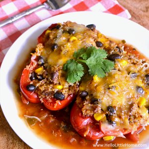 A plate of Tex Mex Stuffed Peppers made in the crock pot.