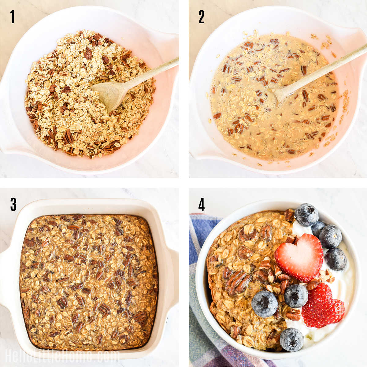 A photo collage showing how to make baked oatmeal step-by-step.