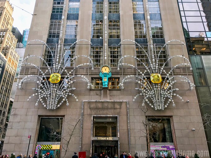 The windows and exterior of Tiffany & Co. decorated for the holidays.