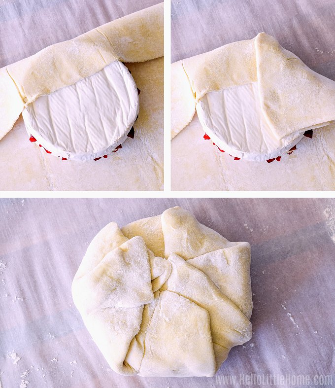 Wrapping a wheel of Brie in puff pastry.