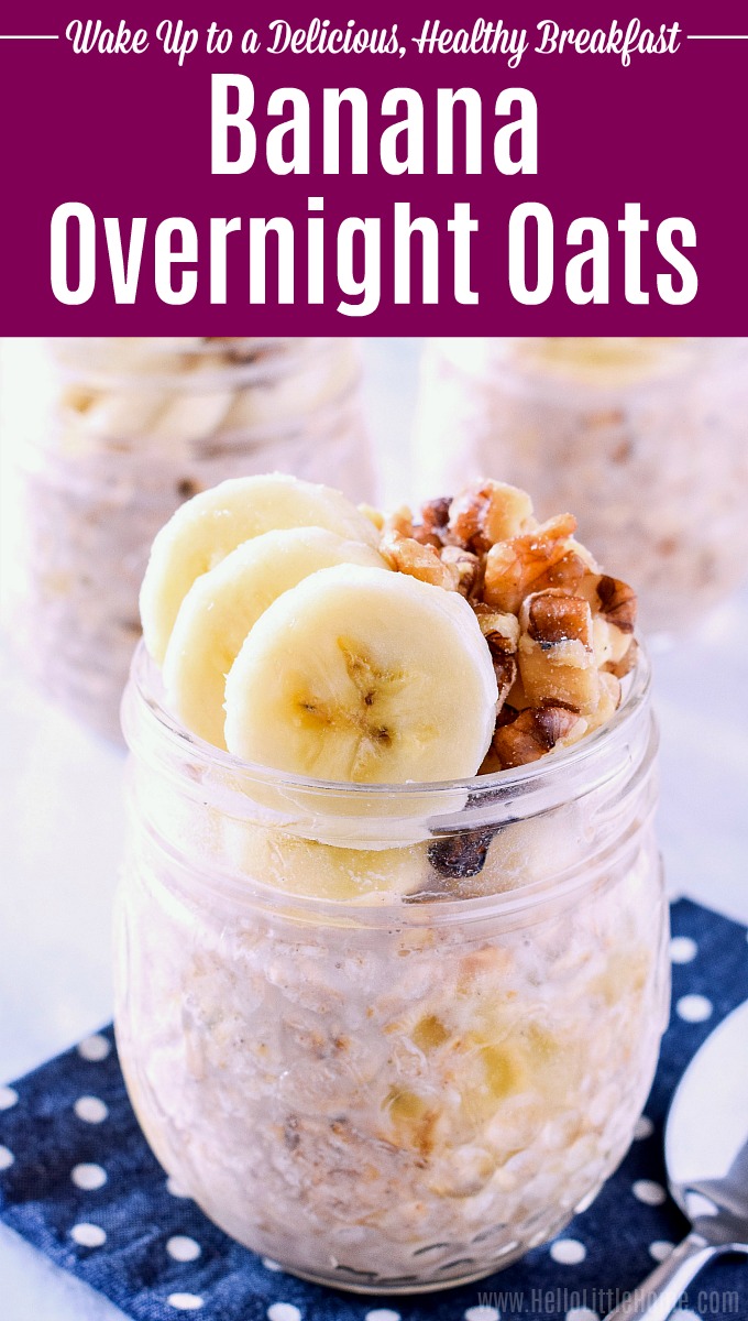 A container of Banana Overnight Oats topped with sliced bananas and chopped walnuts.