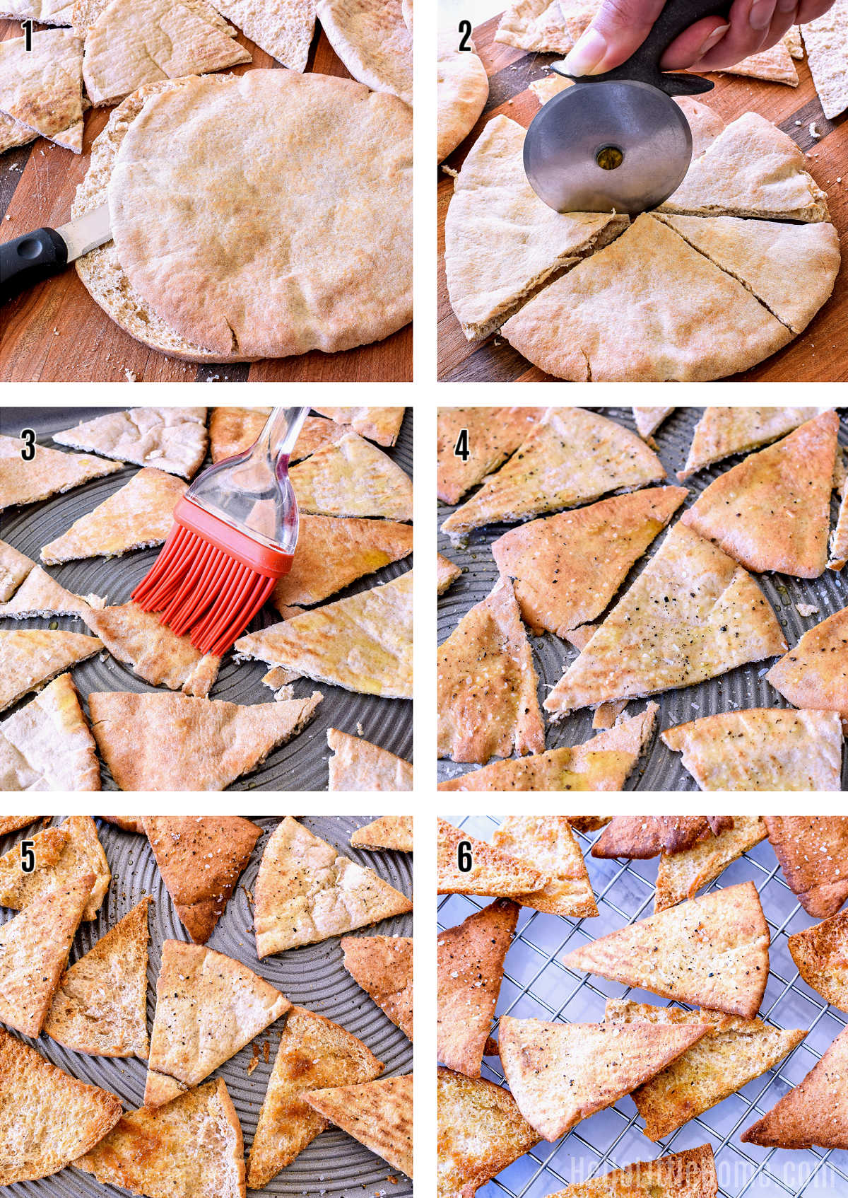 A photo collage showing how to make pita chips step-by-step.