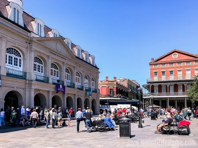 People gathering in front of the Presbytère in the French Quarter.