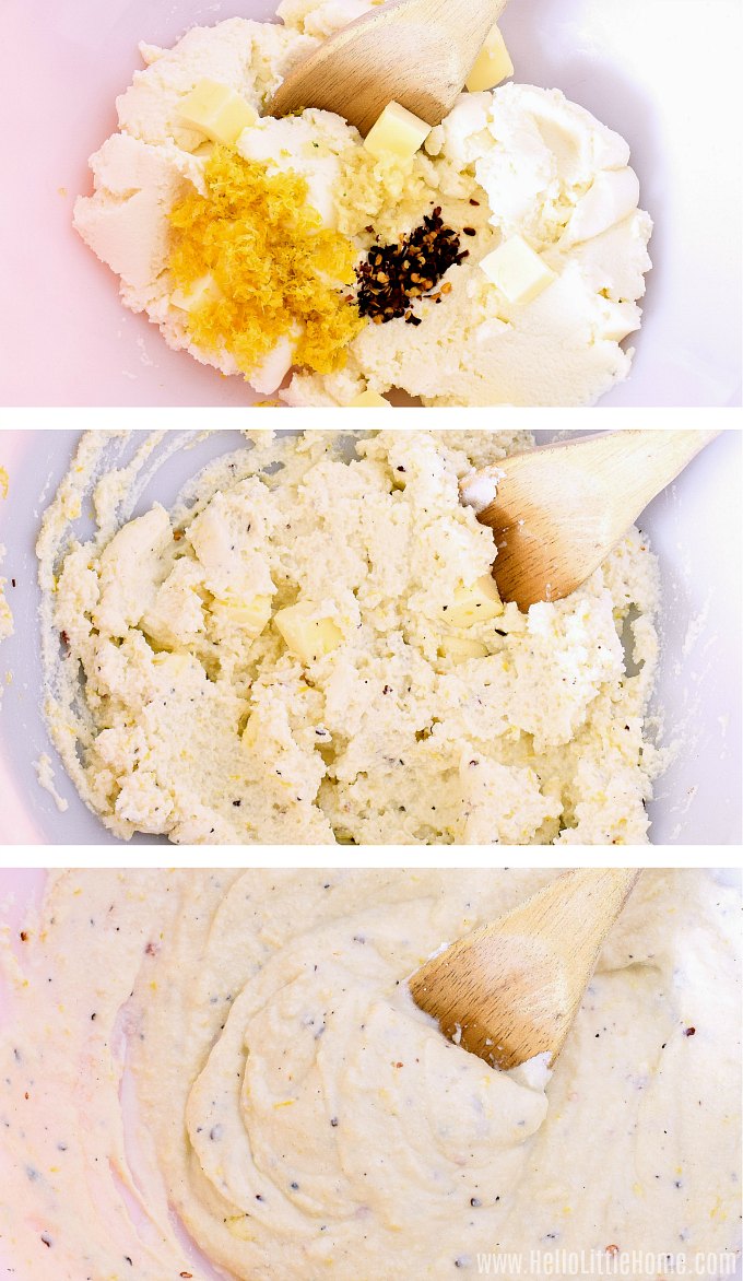 A photo collage showing how to prepare the ricotta pasta sauce.