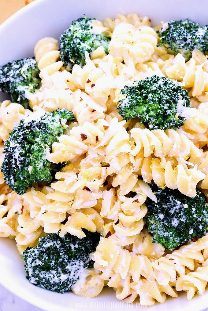 Closeup of the finished broccoli ricotta pasta in a white bowl.