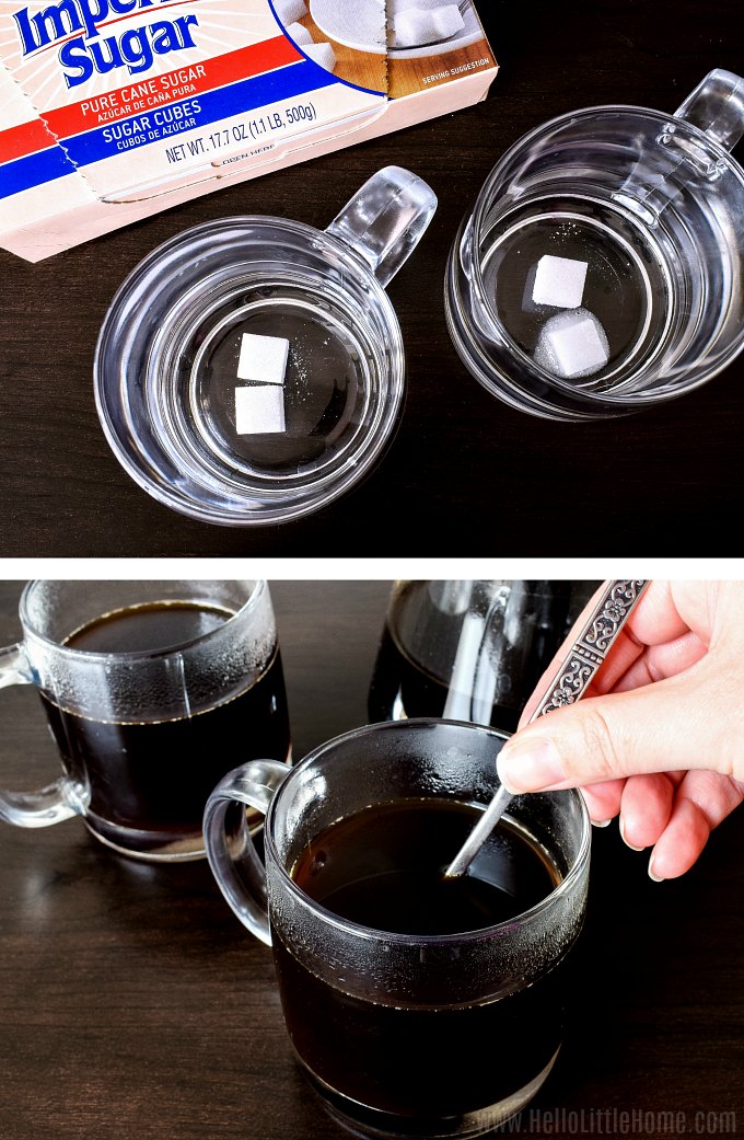 A photo collage showing glass mugs with sugar cubes in them, then a hand stirring the drinks after coffee is added.