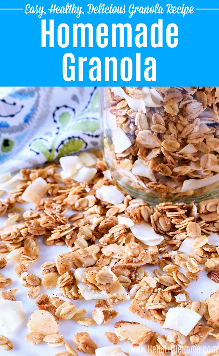 Homemade granola on a marble counter and in a mason jar.