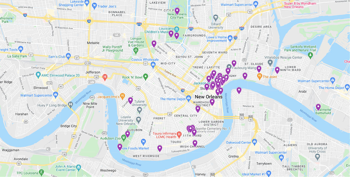 A map showing different things to do in New Orleans for free.
