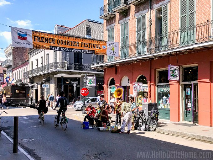 Musicians playing on a street in the French Quarter.