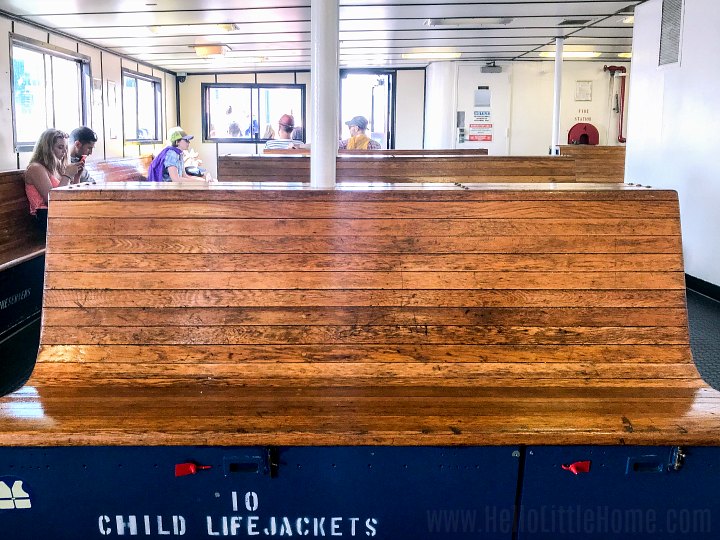 A bench on the Governors Island Ferry.