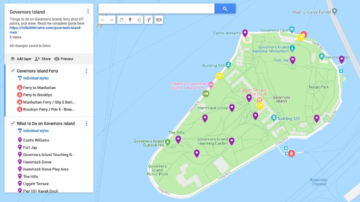 A Governors Island Map showing activities and other locations.