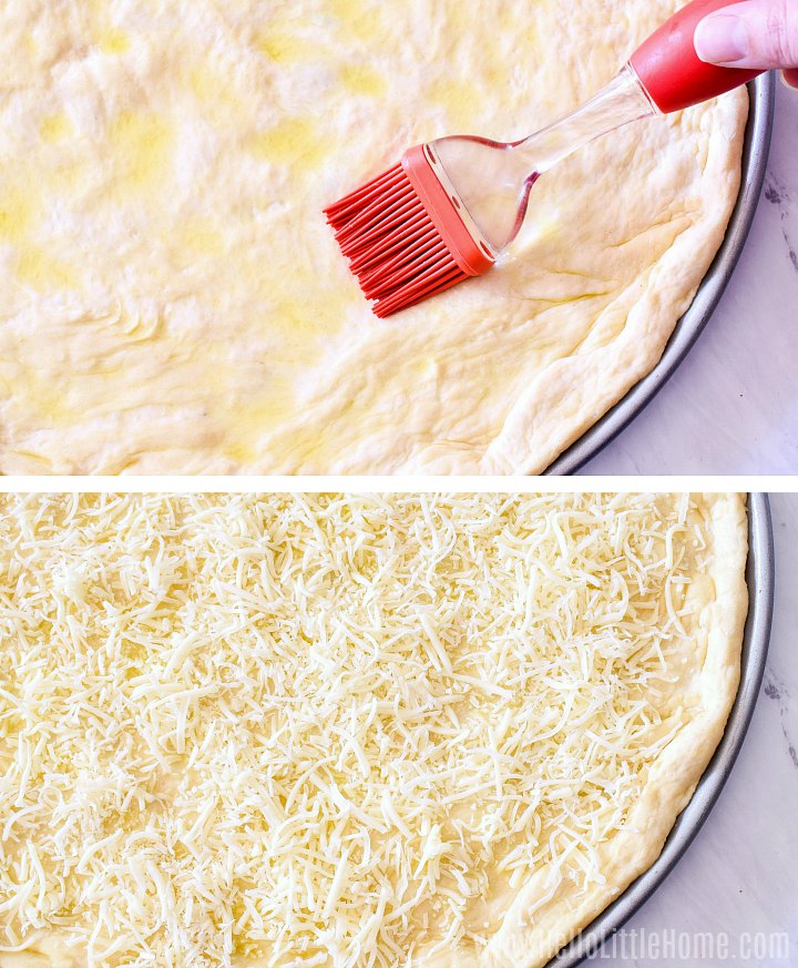 White pizza toppings: adding olive oil and cheese to crust.