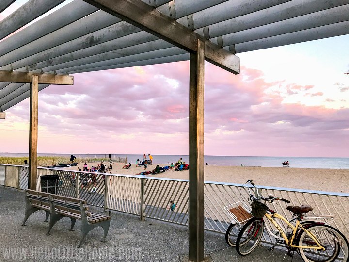 The Rockaway Beach boardwalk at sunset.