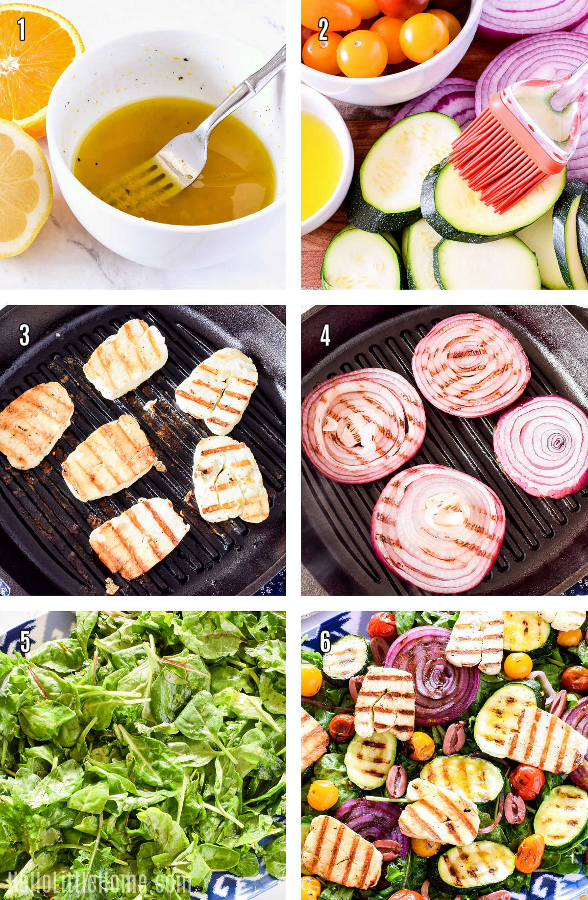 A photo collage showing how to make grilled halloumi salad step-by-step.