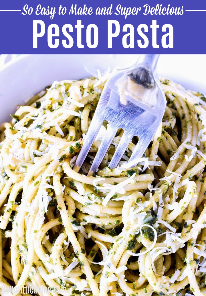 A fork twirling strands of Pesto Pasta.