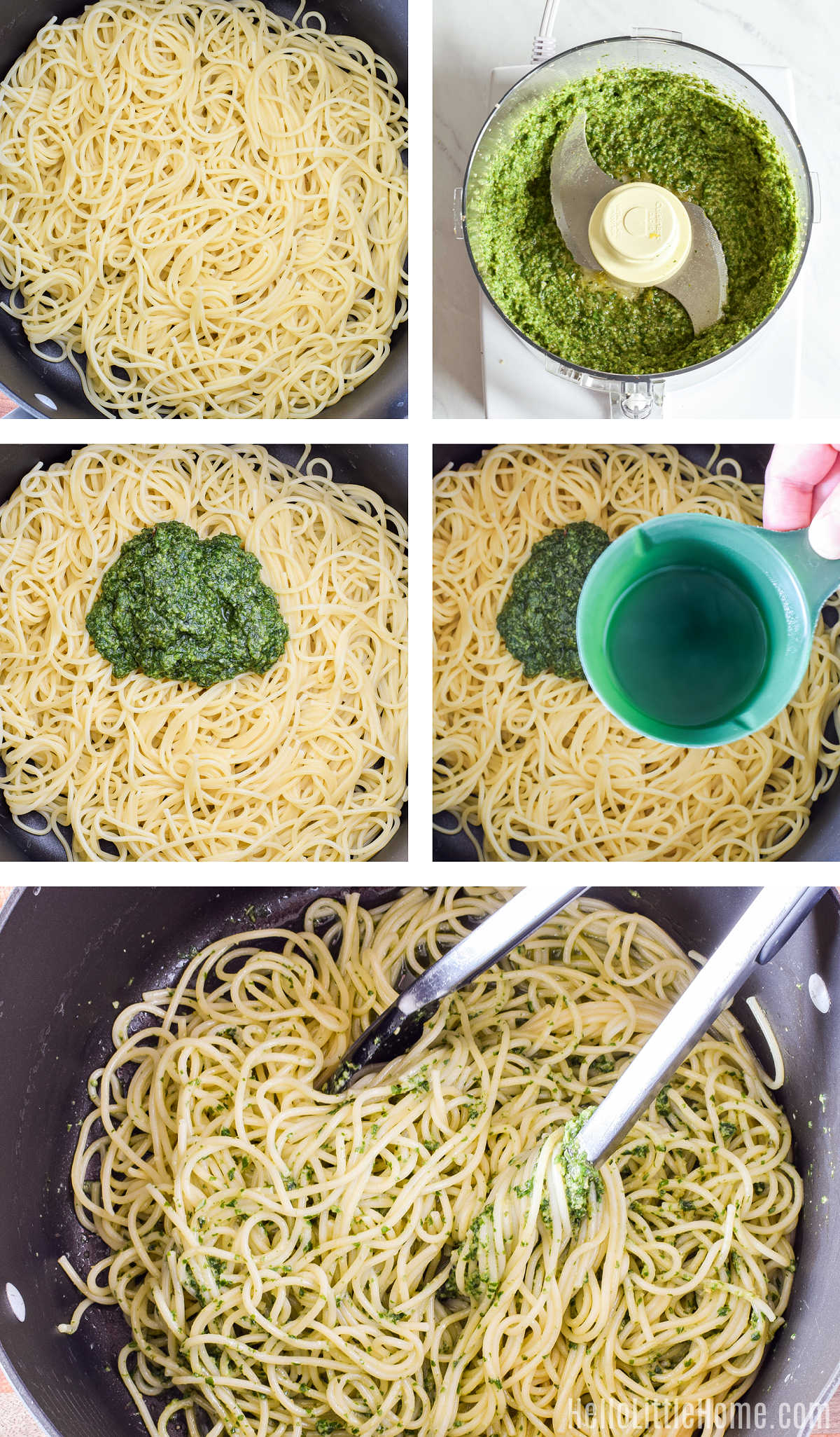 A photo collage showing how to make Pesto Pasta step by step.