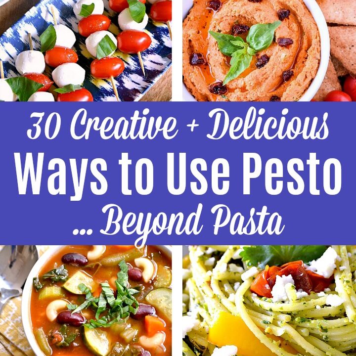 A collage of recipe photos showing how to use pesto.