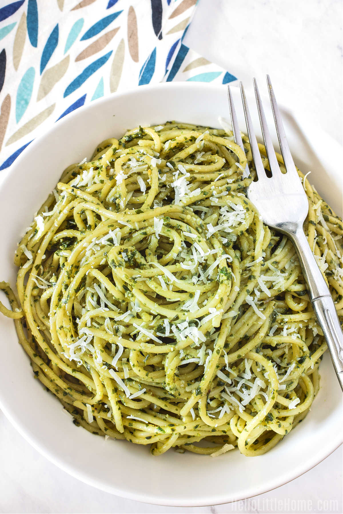 A bowl of the finished recipe with a fork resting on it.