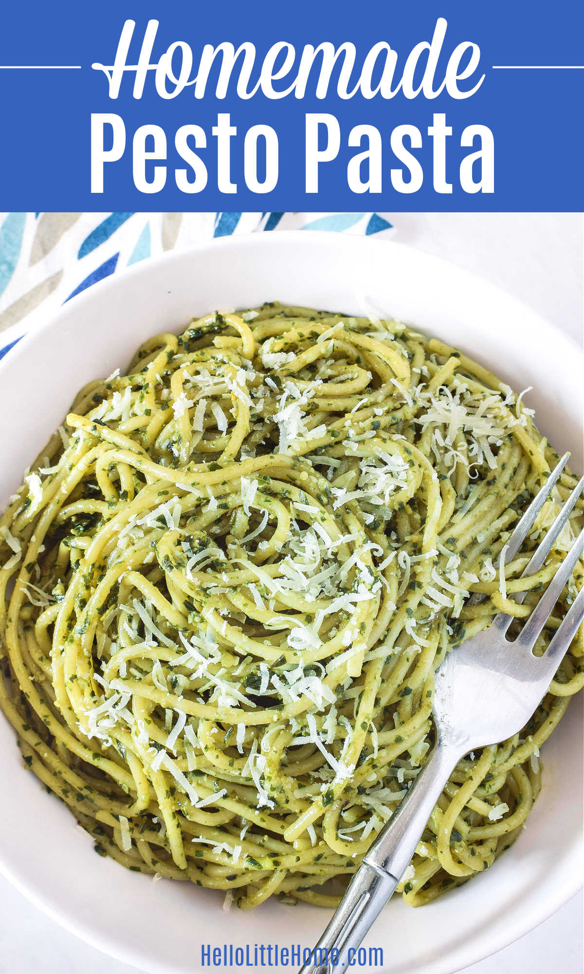 A bowl of Pesto Pasta with a fork resting on it.