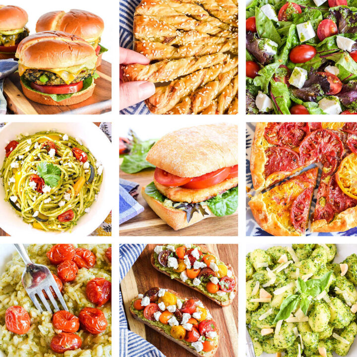 A photo collage showing different pesto recipe ideas.