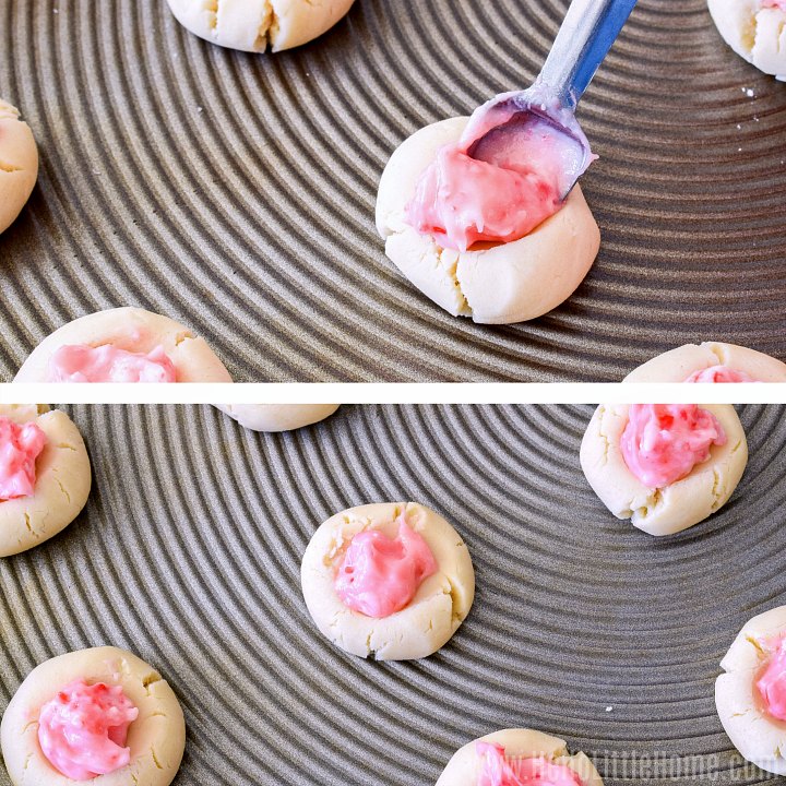 A photo collage showing the peppermint filling being added to the cookies with a spoon.