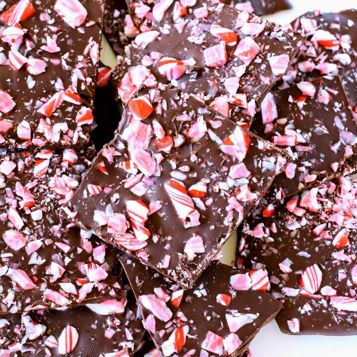A stack of Dark Chocolate Peppermint Bark pieces.