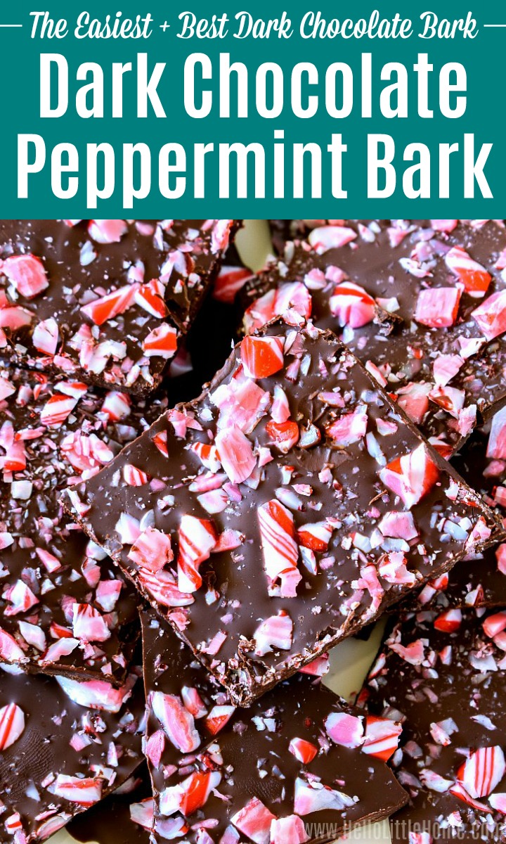 A stack of Dark Chocolate Peppermint Bark on a white platter.