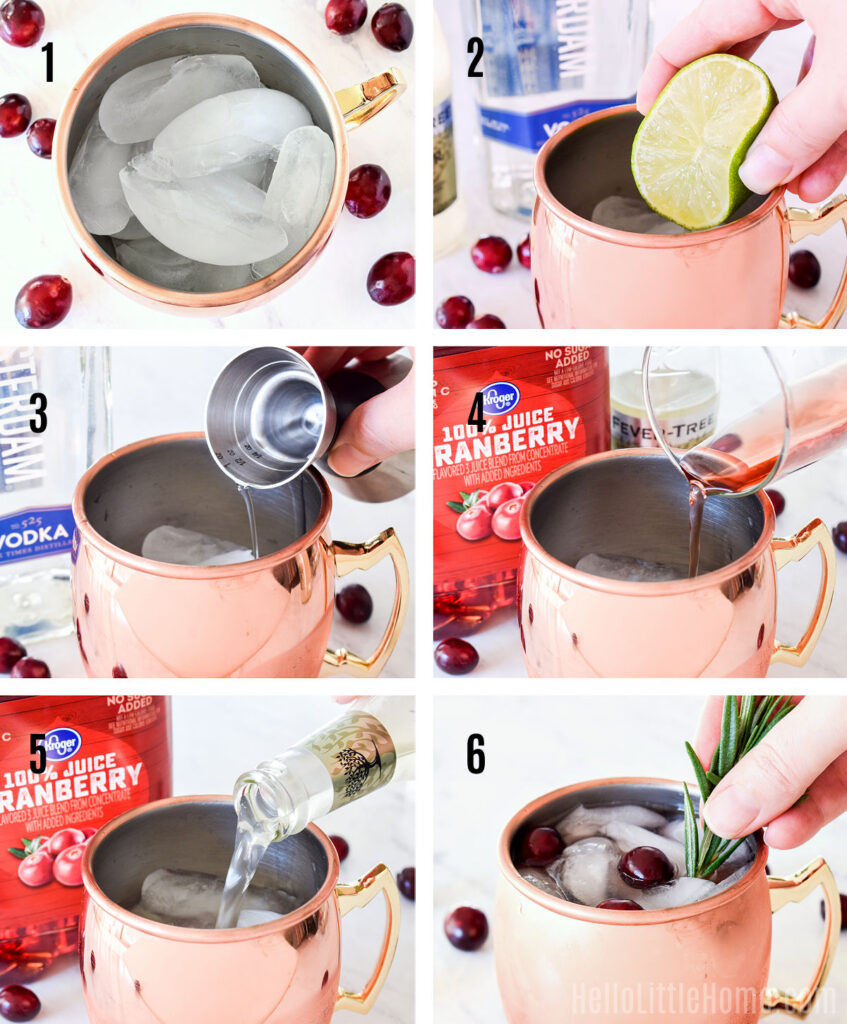 A photo collage showing how to make a Cranberry Moscow Mule step-by-step.