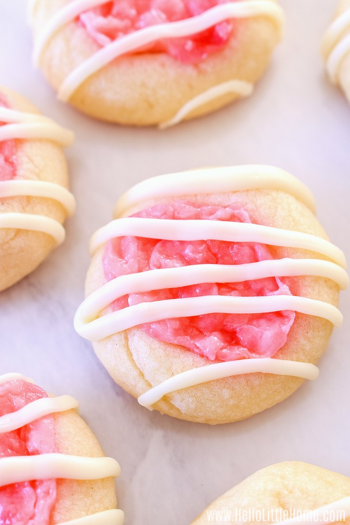 A closeup of the White Chocolate Peppermint Cookies on a white counter.