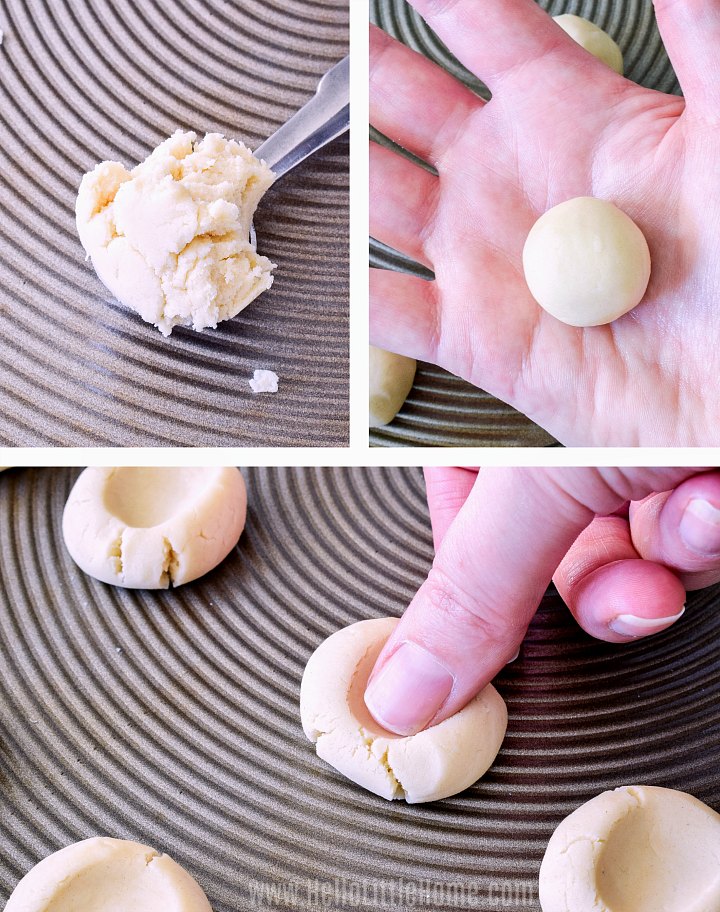 A photo collage showing how to shape the dough balls and add thumbprints.